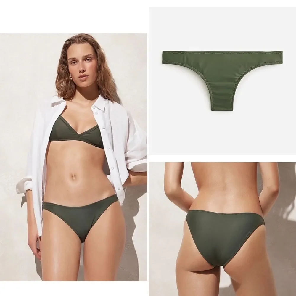 J Crew Safari Green Curved Waist Cheeky Bikini Bottom NWT